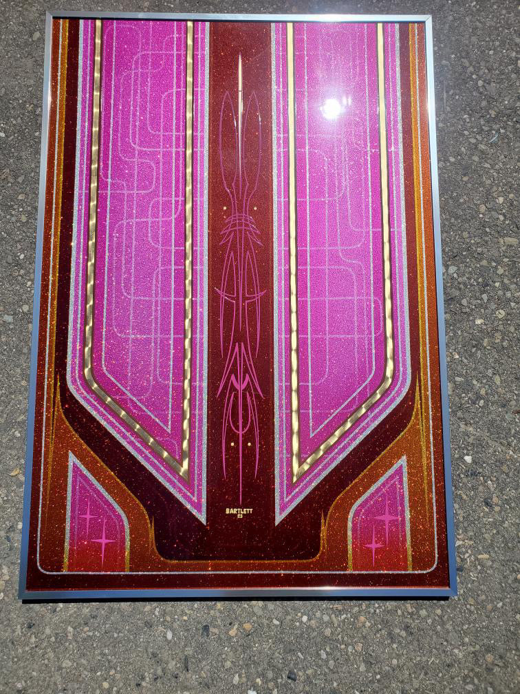 Pink and brown lowrider patterned panel with aluminum frame 24x35