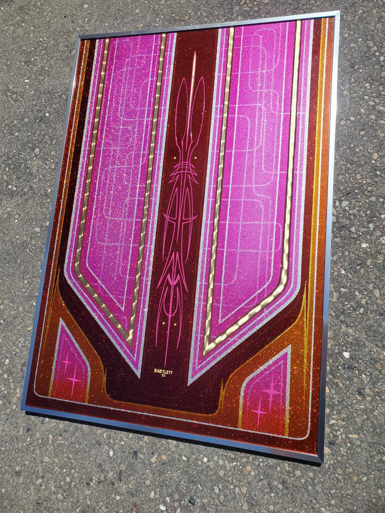 Pink and brown lowrider patterned panel with aluminum frame 24x35